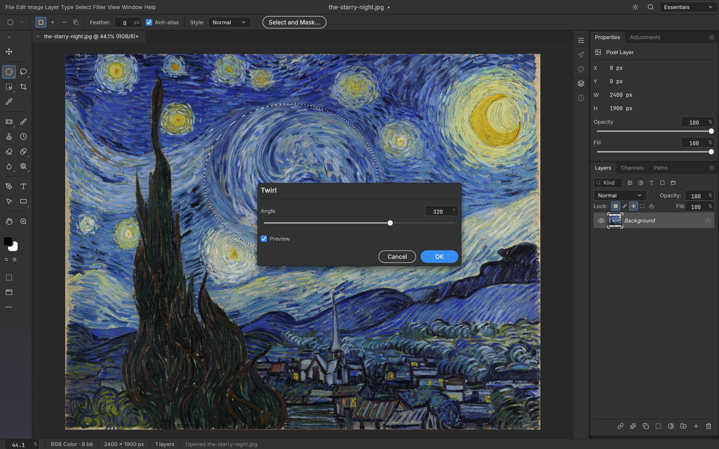 PhotoRiya in a browser, applying a Twirl filter inside an elliptical selection on Van Gogh's The Starry Night